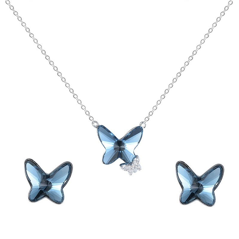 Blue Butterfly Swarovski Silver Necklace Set