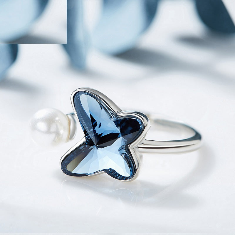 Butterfly Swarovski Crystal Pearl Silver Ring