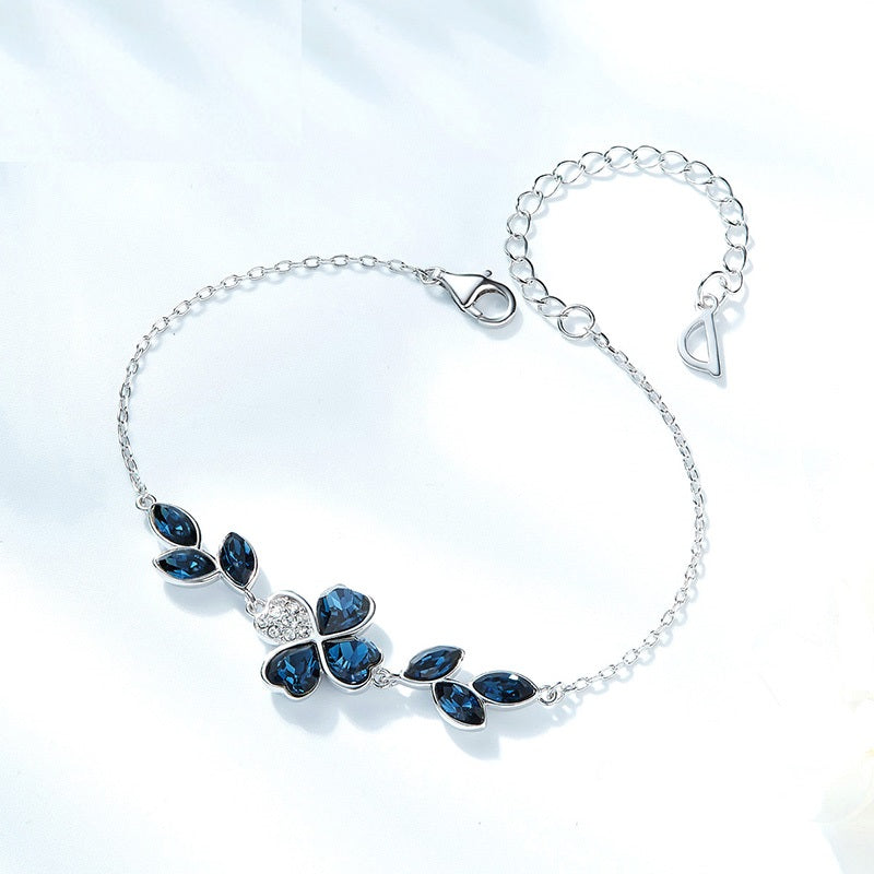 Four Leaf Teal Swarovski Crystal Silver Bracelet