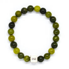 Load image into Gallery viewer, Canadian Jade Infinity Silver Bead Bracelet 8mm front view with polished green jade gemstone beads and sterling silver infinity bead by MysticFlavia
