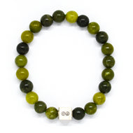 Canadian Jade Infinity Silver Bead Bracelet 8mm front view with polished green jade gemstone beads and sterling silver infinity bead by MysticFlavia
