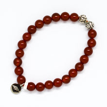 Load image into Gallery viewer, Natural Carnelian Stone Silver Beads Bracelet 8MM with engraved silver disc charm and ornate bead, side angle white background
