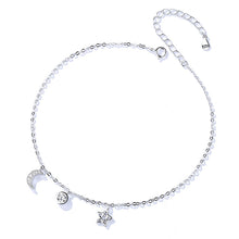 Load image into Gallery viewer, Chic Moon &amp; Star Zircon Silver Bead Anklet in 925 sterling silver by MysticFlavia
