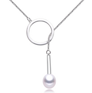 Circle pearl pendant lariat silver necklace on white background – MysticFlavia