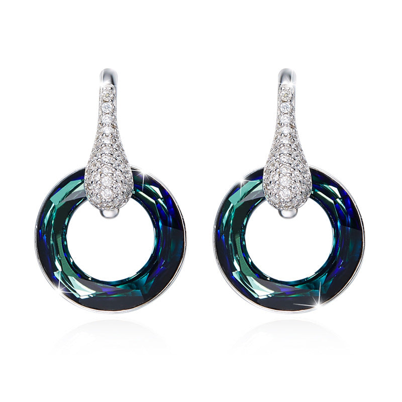 Teal Circle Swarovski Crystal Dangling Silver Earrings