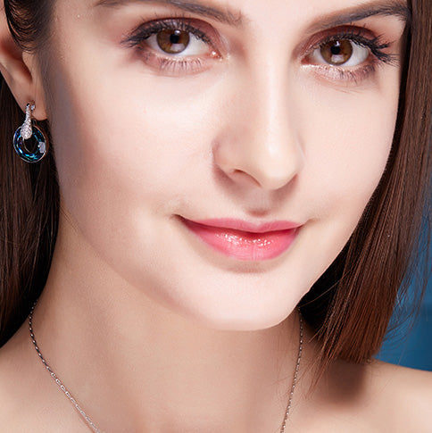 Teal Circle Swarovski Crystal Dangling Silver Earrings Mystic Flavia