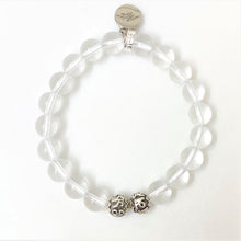 Load image into Gallery viewer, Clear quartz stone silver beads bracelet 8MM with twin engraved silver beads and MysticFlavia charm at top, flat lay
