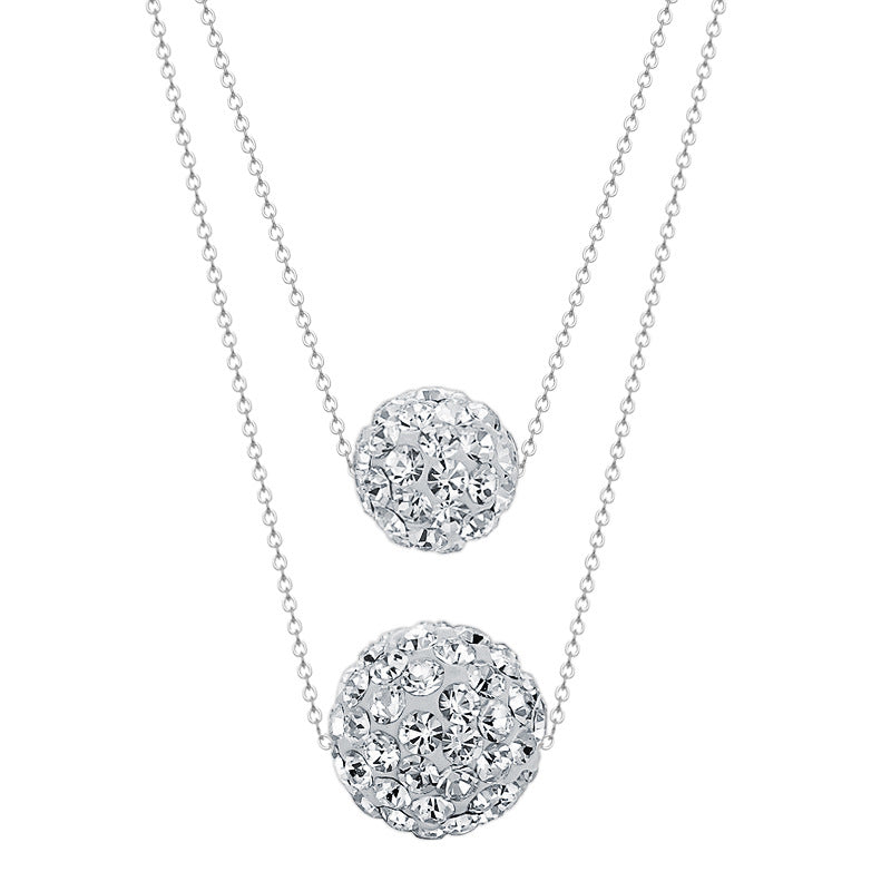 White  Zircon Crystal Ball Duo Silver Necklace