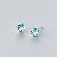 Load image into Gallery viewer, Minimal Square Blue Zircon Stud Silver Earrings
