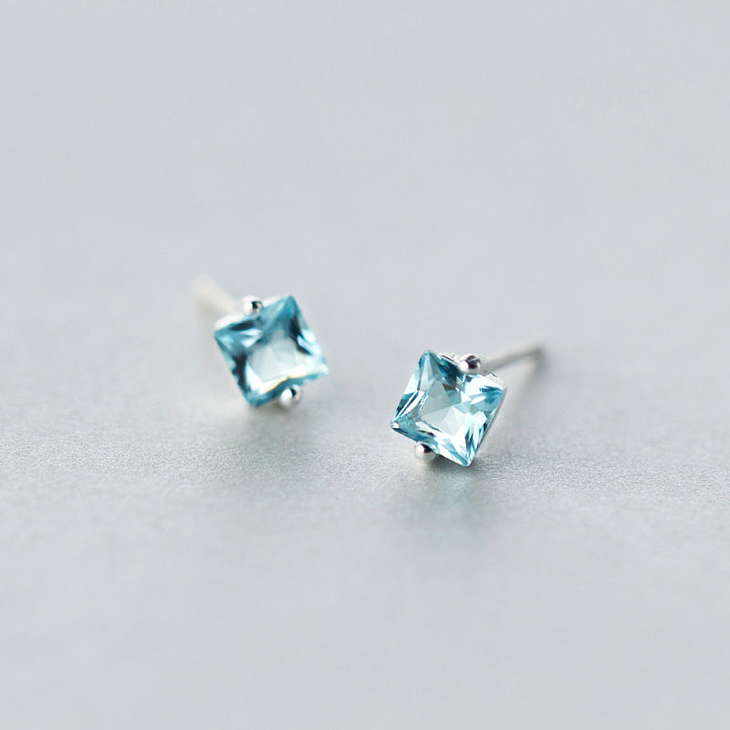 Minimal Square Blue Zircon Stud Silver Earrings