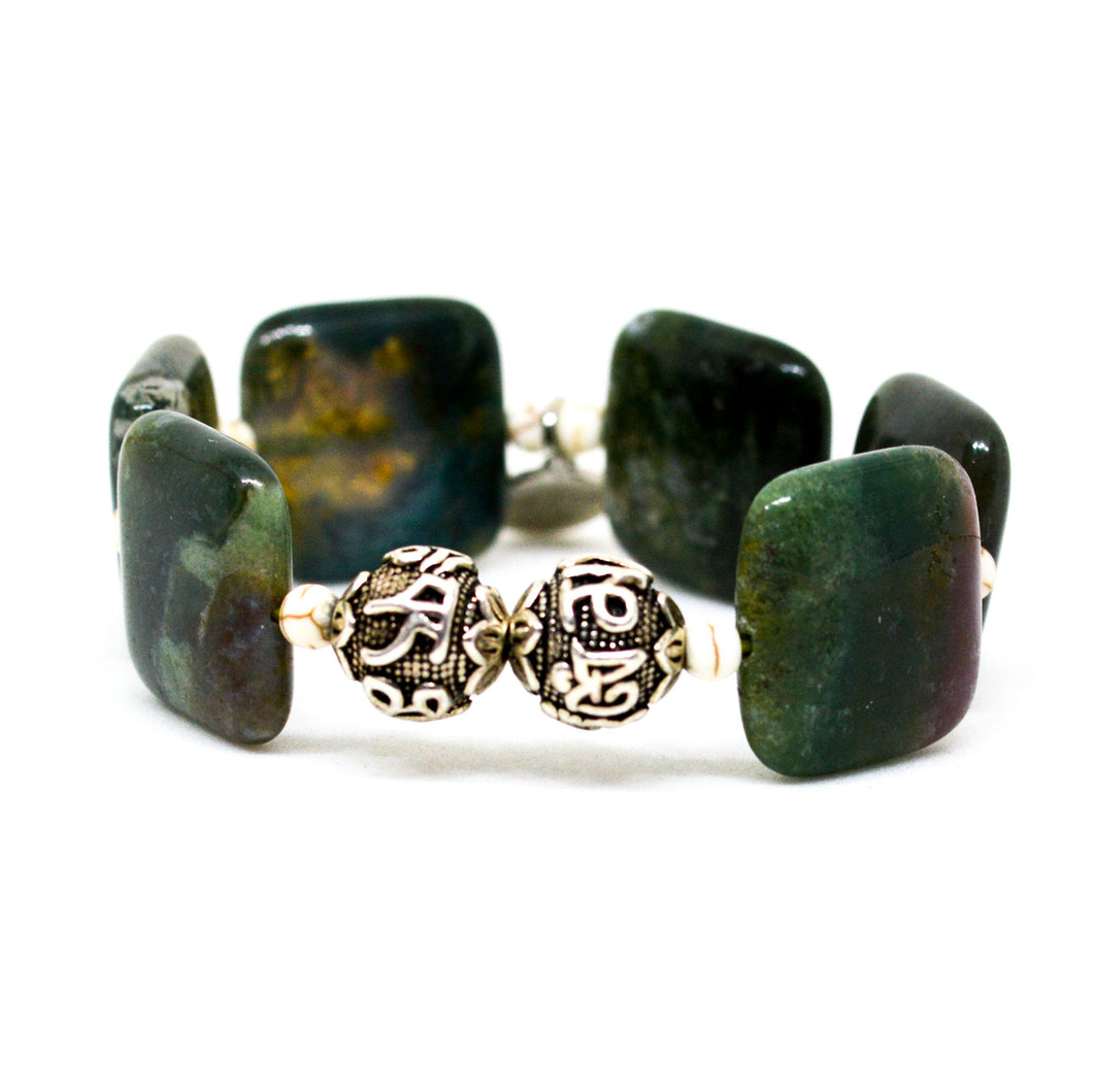 Fancy Jasper Square Bead Silver Bracelet (12 MM)