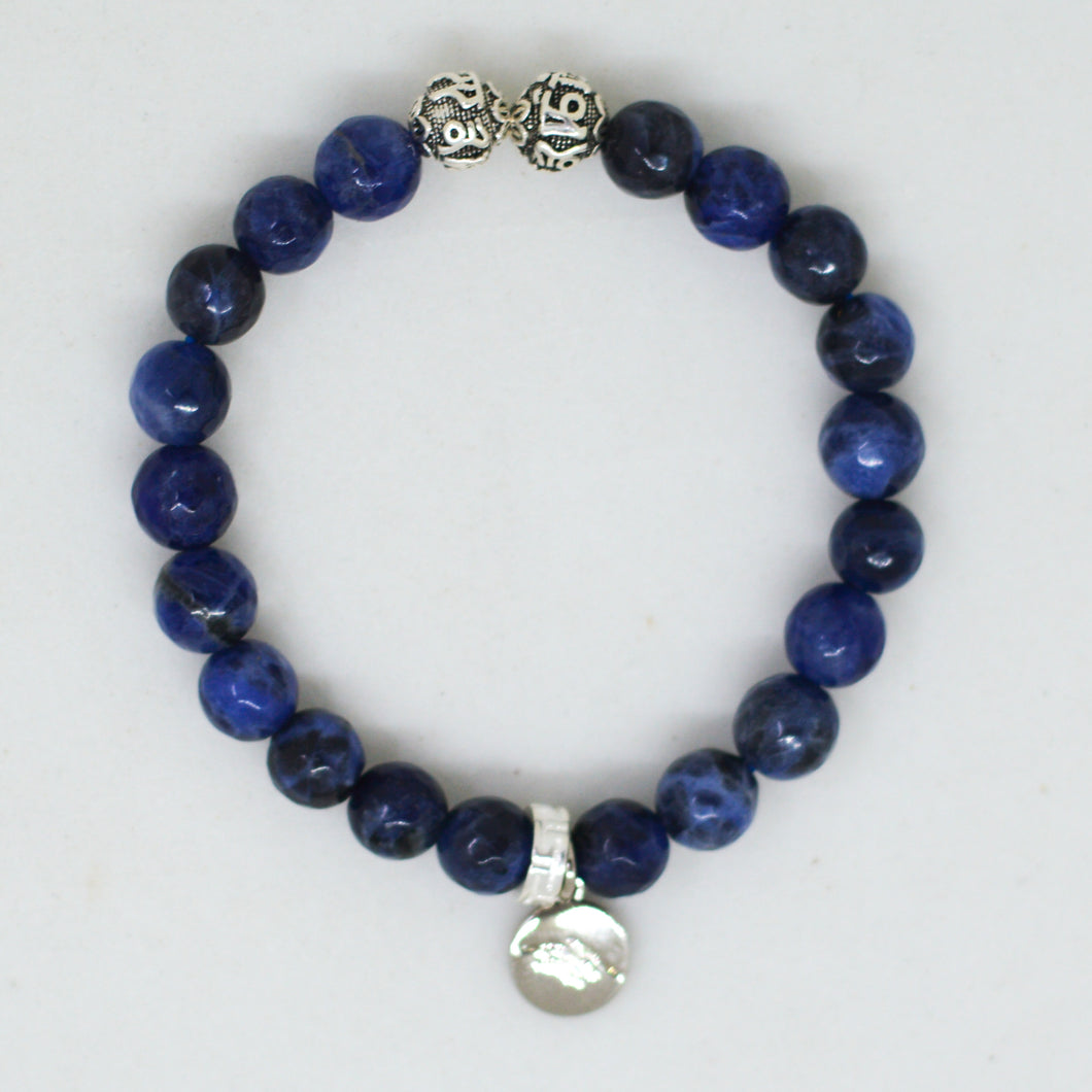 Sodalite Faceted Stone Silver Bead Bracelet (8 MM)