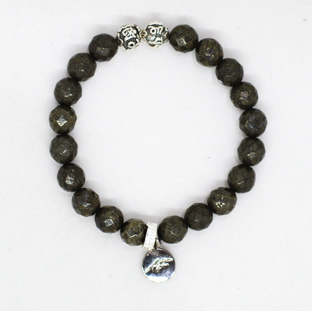 Pyrite Faceted Stone Silver Bead Bracelet (8 MM)