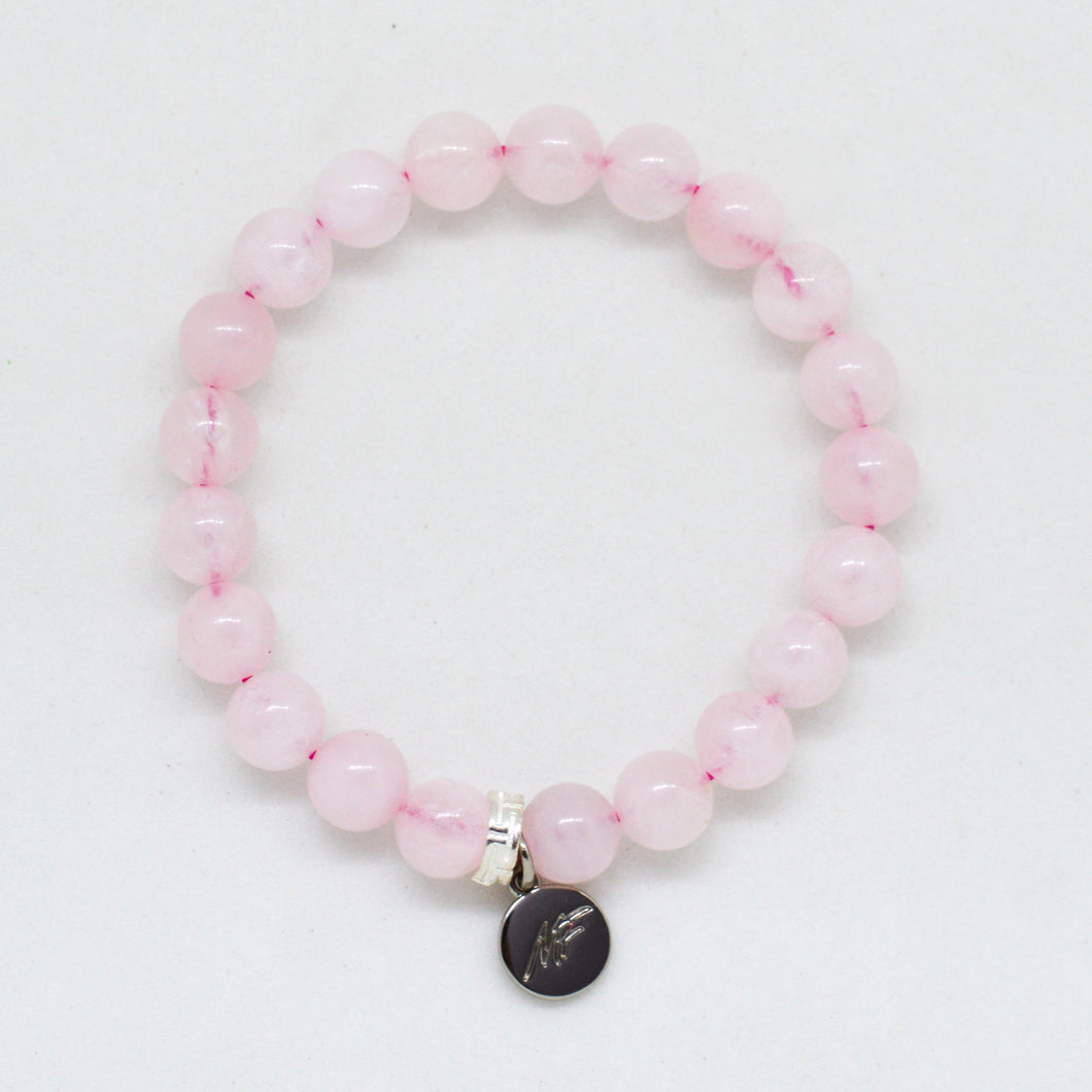 Rose Quartz Silver Flat Bead Bracelet (8 MM)