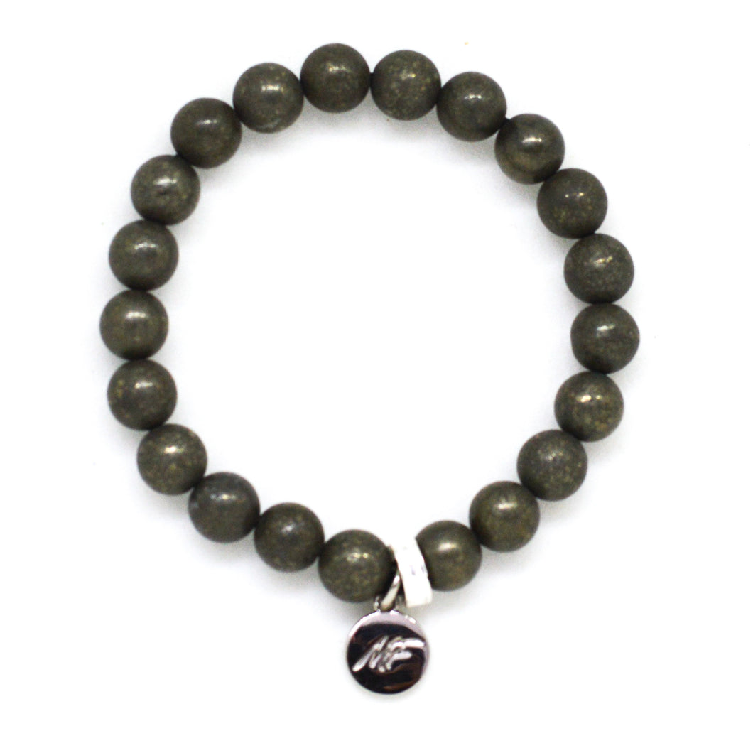 Pyrite Stone Flat Silver Bead Bracelet (8 MM)