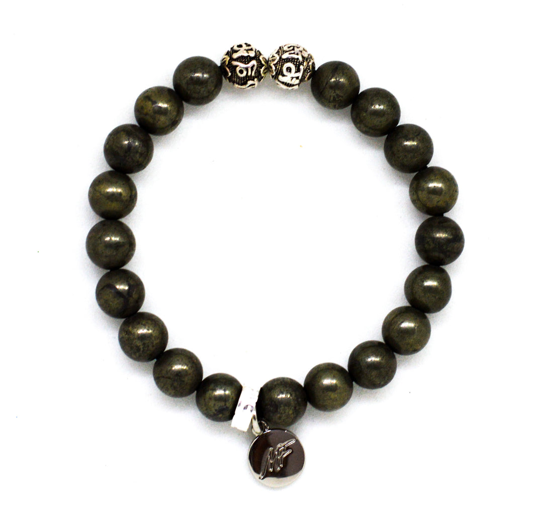 Natural Pyrite Stone Silver Bead Bracelet (8 MM)