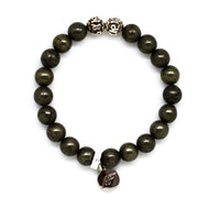 MysticFlavia natural pyrite stone silver beads bracelet with round charm, white background