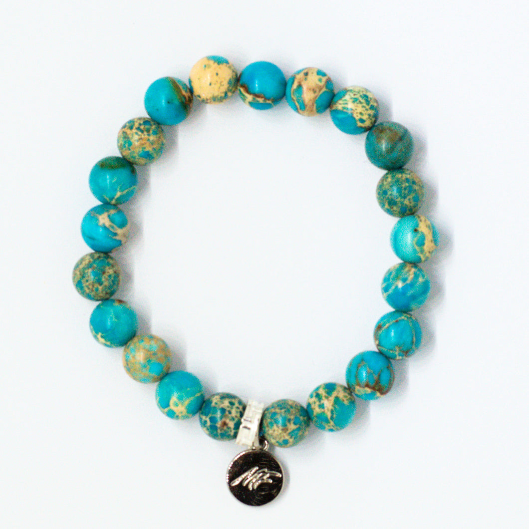 Turquoise Jasper Stone Flat Silver Bead Bracelet (8 MM)