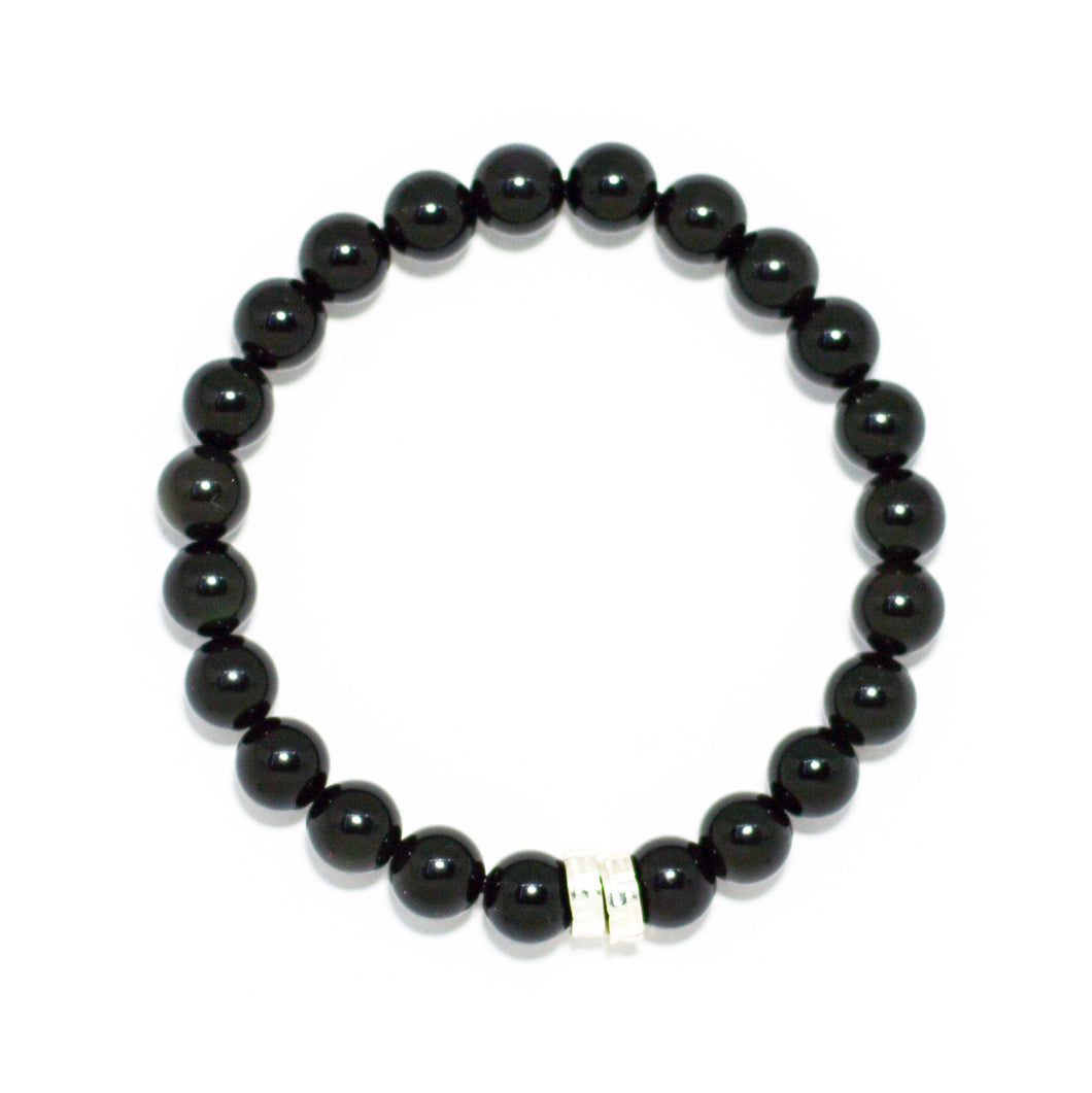 Black Obsidian Double Flat Silver Bead Bracelet  (8 MM)