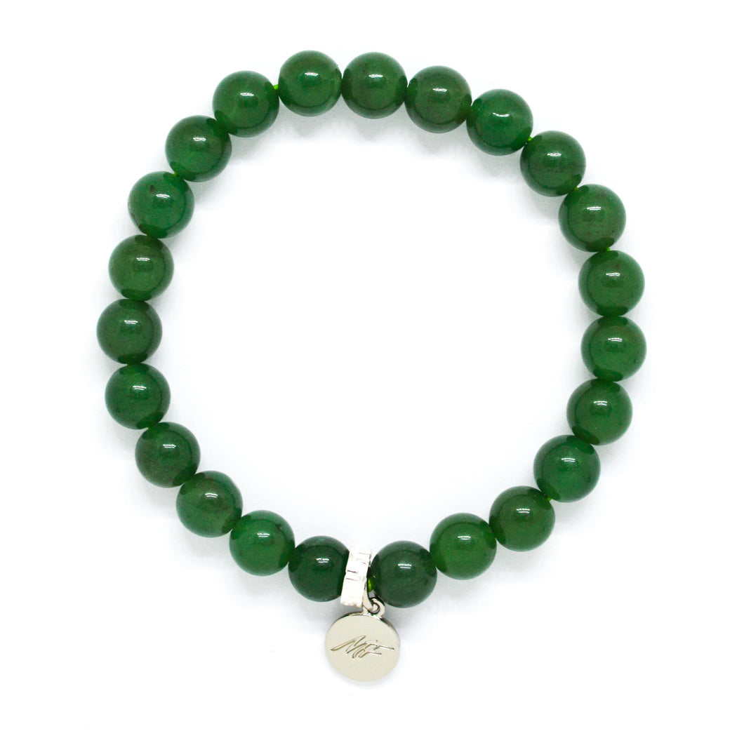 Green Aventurine Flat Silver Bead Bracelet (8 MM)