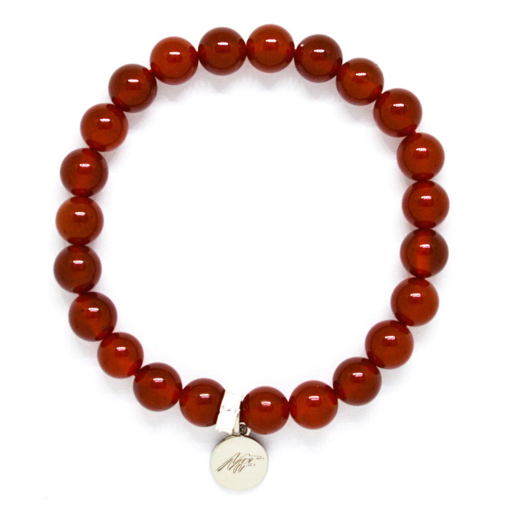 Carnelian Stone Flat Silver Bead Bracelet (8 MM)