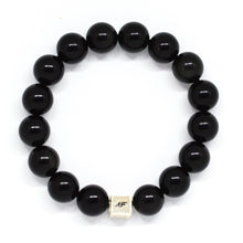 Load image into Gallery viewer, Black Obsidian Infinity Silver Bead Bracelet (12 MM)
