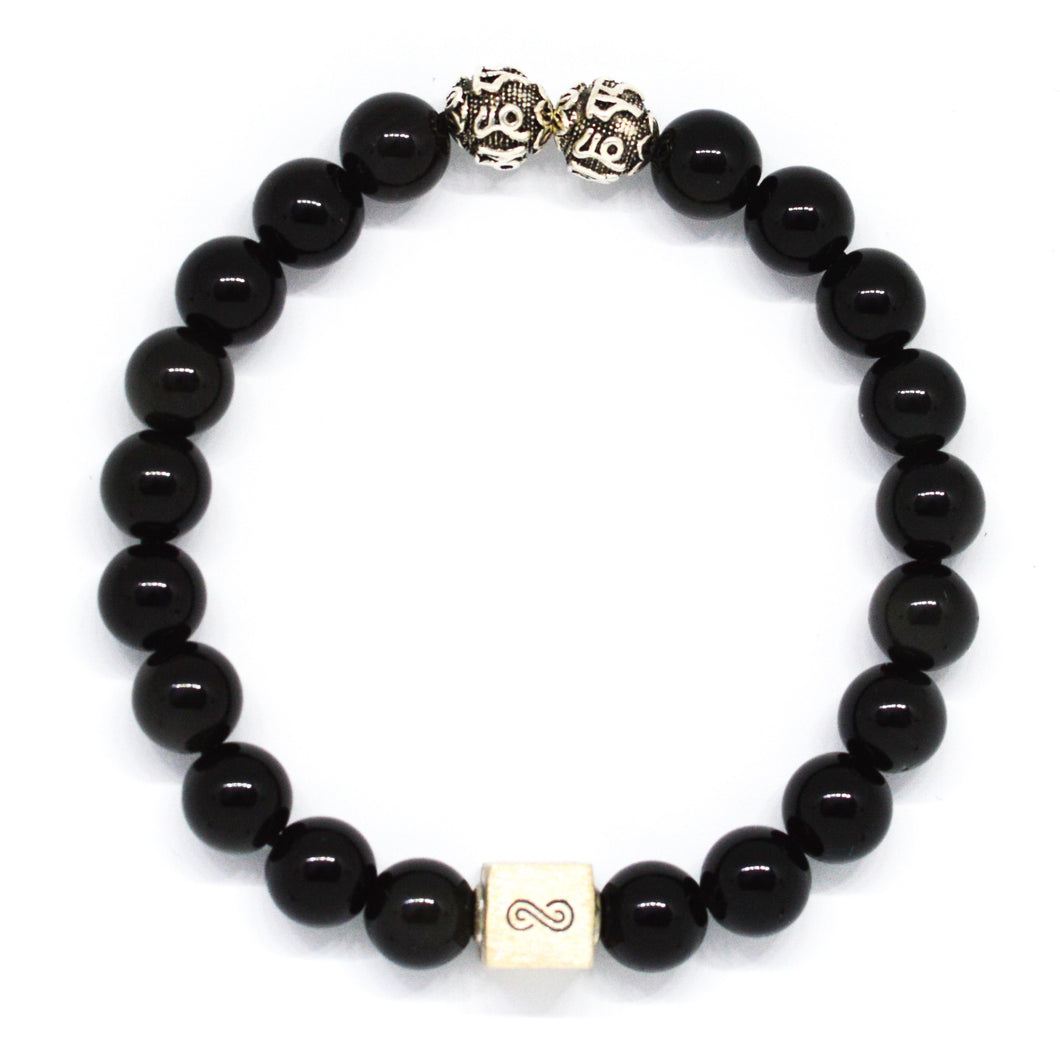 Black Obsidian Round Infinity Silver Bracelet (8 MM)