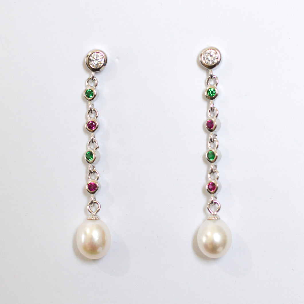 Colorful Dangling Zircon Natural Pearl Silver Earrings