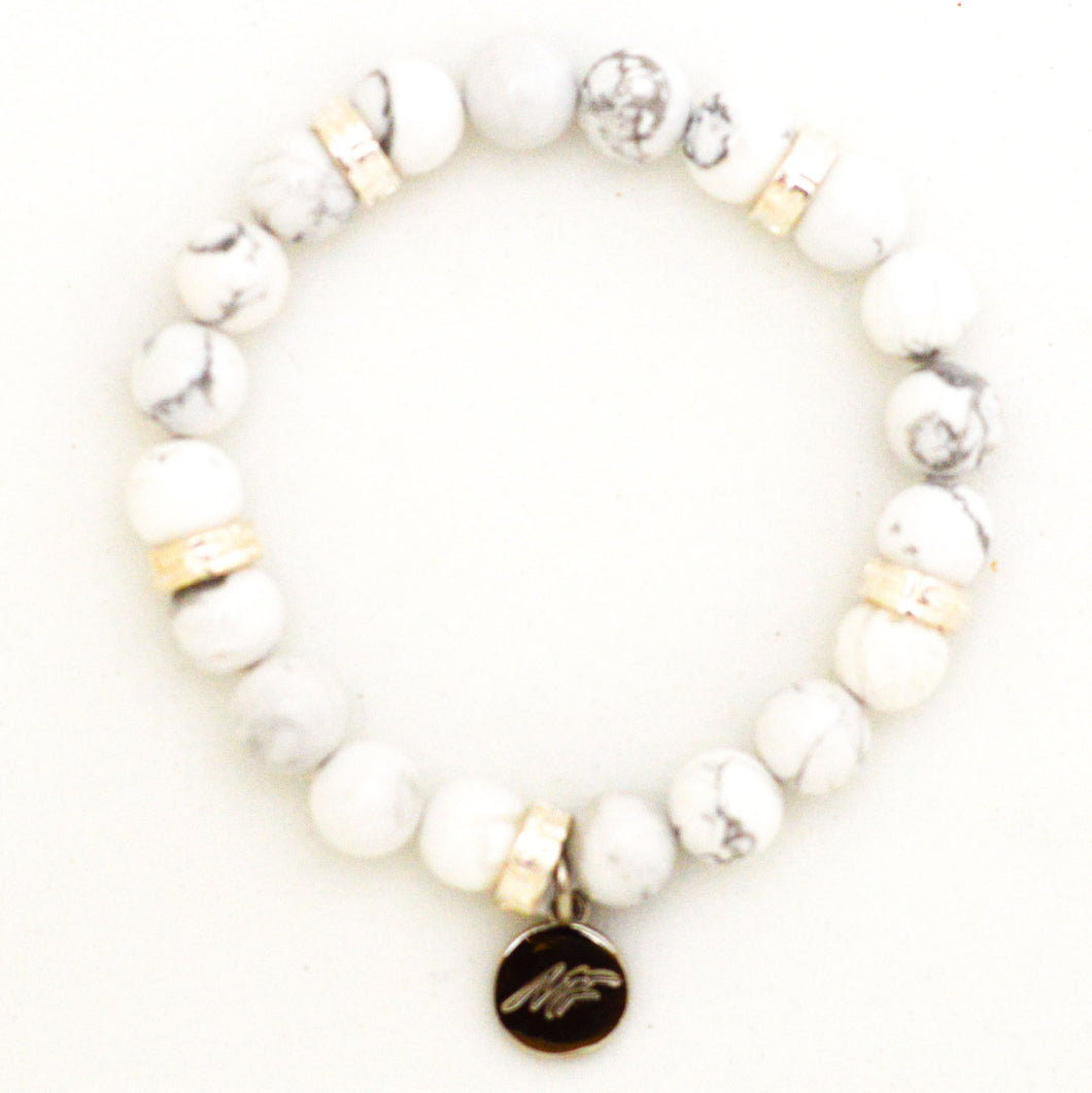 White Howlite Roman Flat Silver Bead Bracelet (8 MM)
