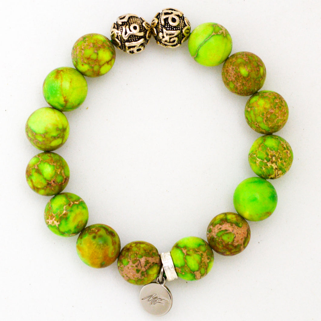 Olive Green Jasper Stone Silver Bead Bracelet (12 MM)