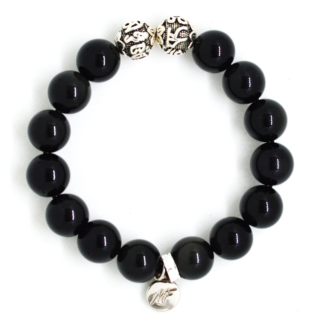 Black Obsidian Silver Bead Bracelet (12 MM)