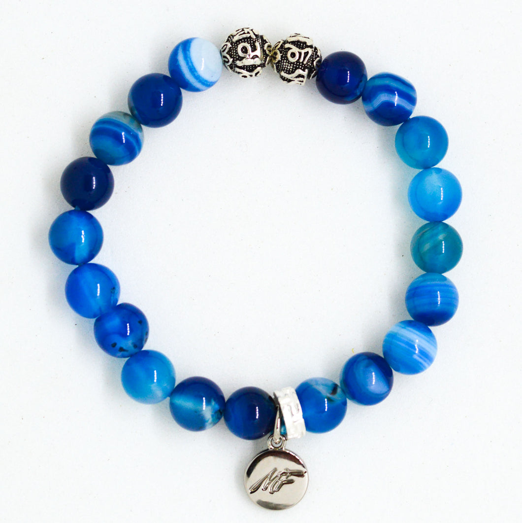 Blue Striped Agate Silver Bead Bracelet (8 MM)