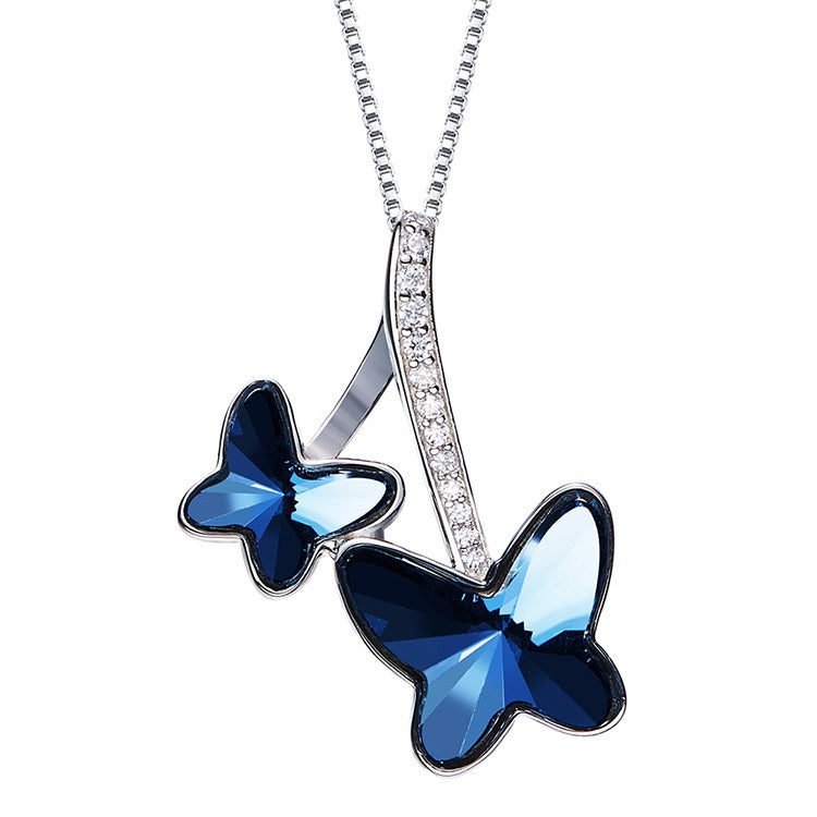 Blue Butterfly Swarovski Crystal Silver Necklace