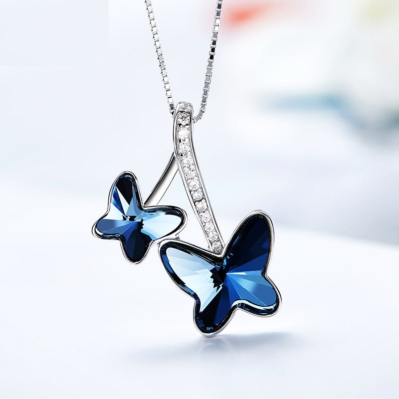 Blue Butterfly Swarovski Crystal Silver Necklace
