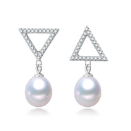 Pearl silver earrings with triangle design and natural white pearls, MysticFlavia jewellery