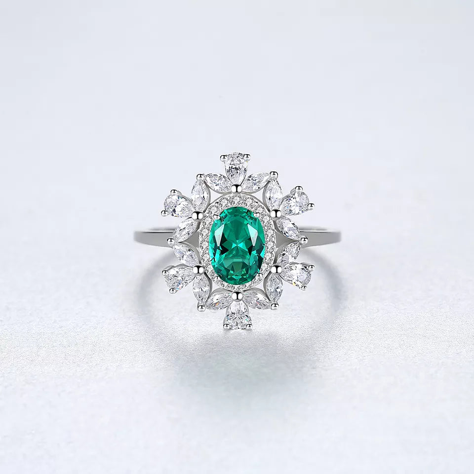 Flowery Emerald American Diamond Silver Ring