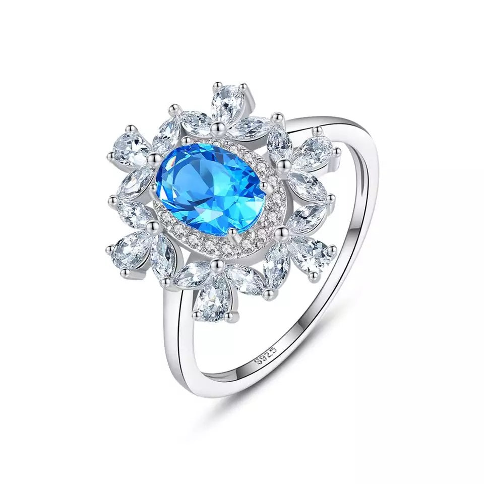 Flowery Blue Topaz American Diamond Silver Ring