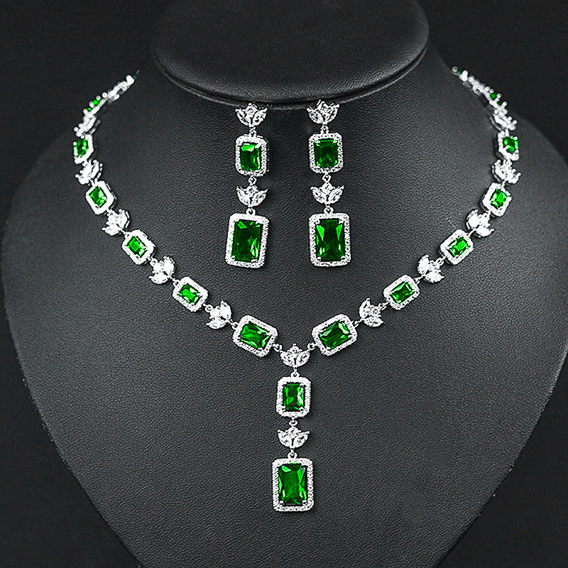Emerald Princess Cut Zircon Silver Necklace Set