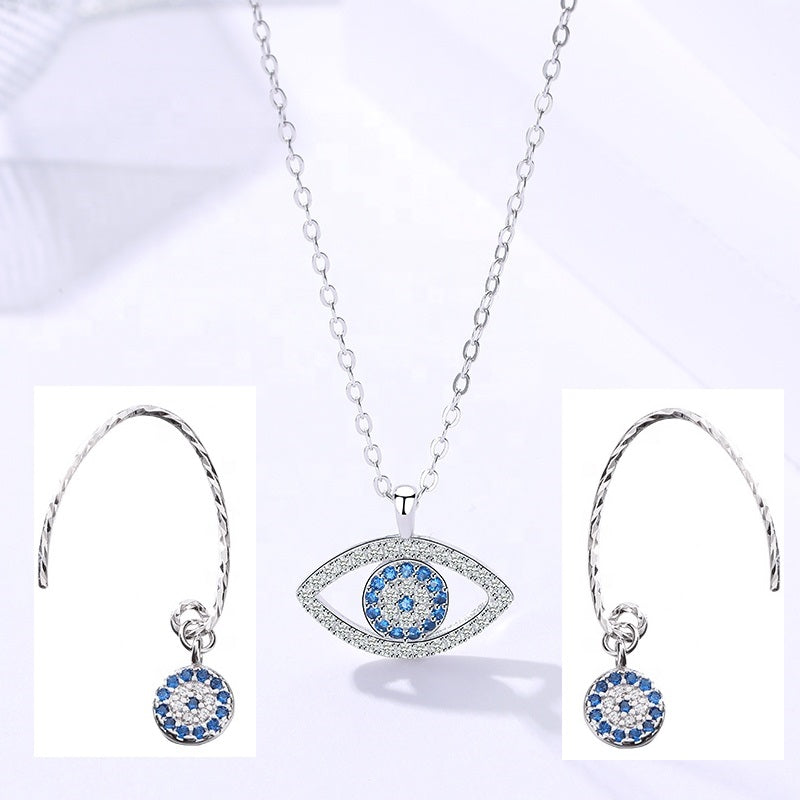 Evil Eye Pendant Zircon Silver Necklace Set