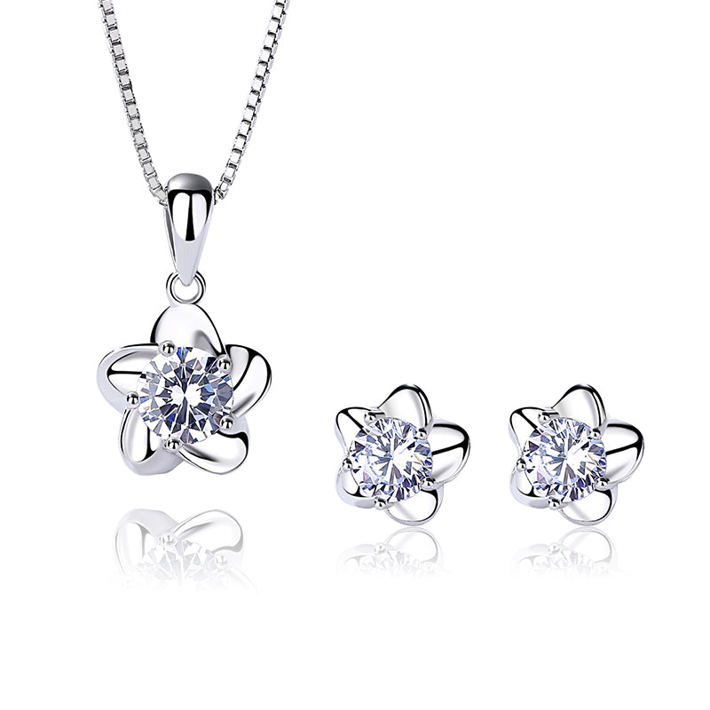 Flowery Solitaire Zircon Silver Necklace Set
