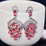 Pink Gemstone Silver Earrings with Leaf-Inspired Design