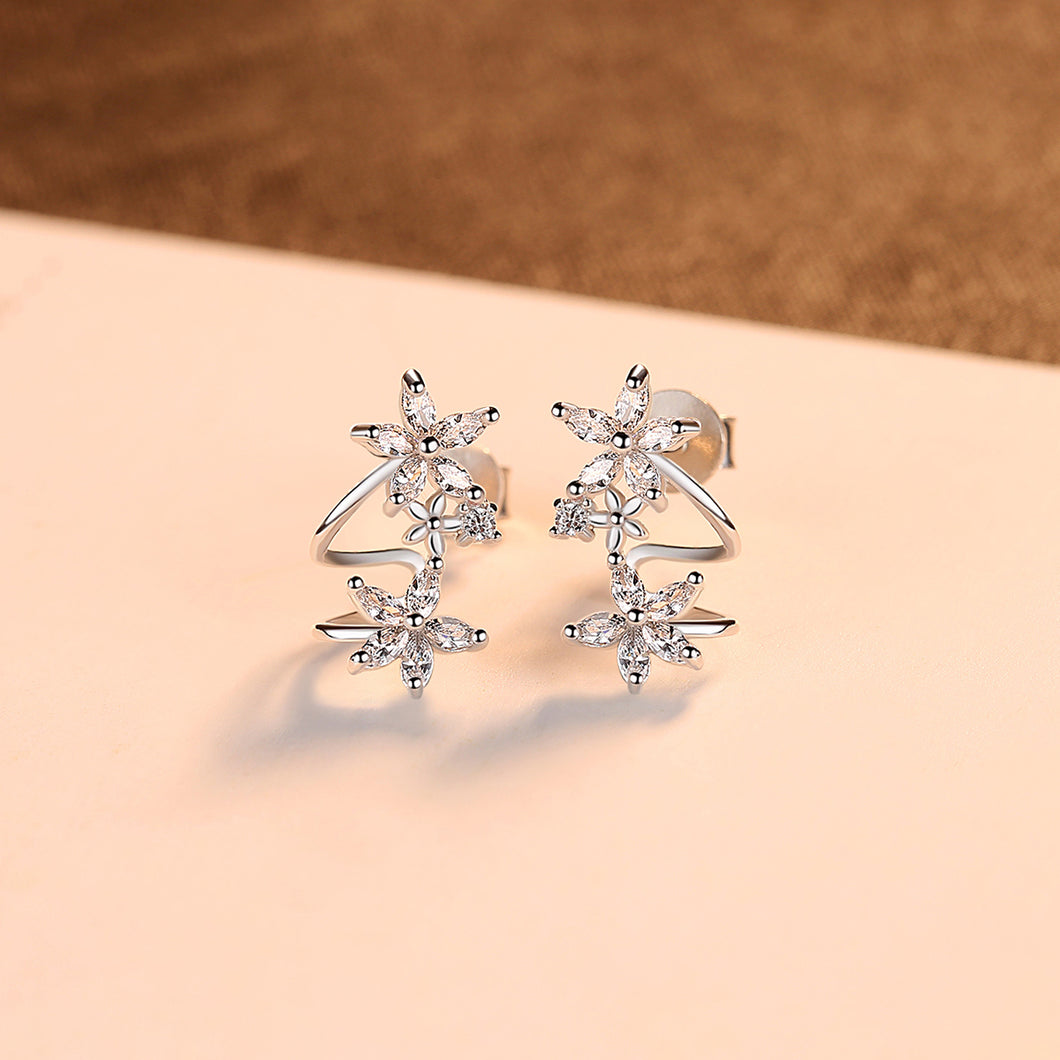 Flowery Duo White Zircon Stud Silver Earrings