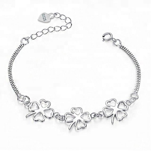 Four Leaf Charm Ring Clasp Adjustable Silver Bracelet