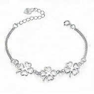 Four Leaf Charm Ring Clasp Adjustable Silver Bracelet