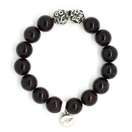Garnet Birthstone Silver Bead Bracelet 12mm with natural garnet gemstone beads, 925 sterling silver designer beads, and signature charm on a white background by MysticFlavia.