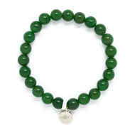 MysticFlavia Green Aventurine bracelet with smooth dark green beads and a small 925 sterling silver coin charm, flat lay.
