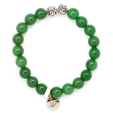 Load image into Gallery viewer, MysticFlavia Green Aventurine bracelet with two ornate 925 sterling silver beads and a round silver charm, laid flat.
