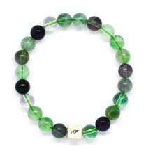 Load image into Gallery viewer, Top view of Green Fluorite Rainbow Stone Silver Bead Bracelet 8mm featuring sterling silver infinity bead
