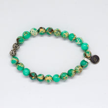 Load image into Gallery viewer, Green Hued Jasper Stone Silver Bead Bracelet 8MM round gemstone bracelet with sterling silver details by MysticFlavia
