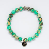 Green Hued Jasper Stone Silver Bead Bracelet 8MM with 925 sterling silver beads and charm by MysticFlavia